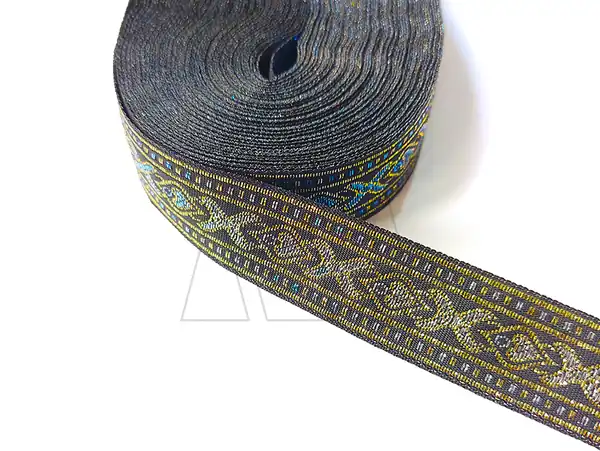 GALON TEJIDO C/LUREX DORADO CORAZONES AZULES 20MM X 25YDS APROX