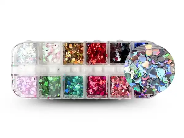 MINI LENTEJUELAS SURTIDAS CORAZONES Y FORMITAS ESTUCHE X 12 DIVISIONES 
