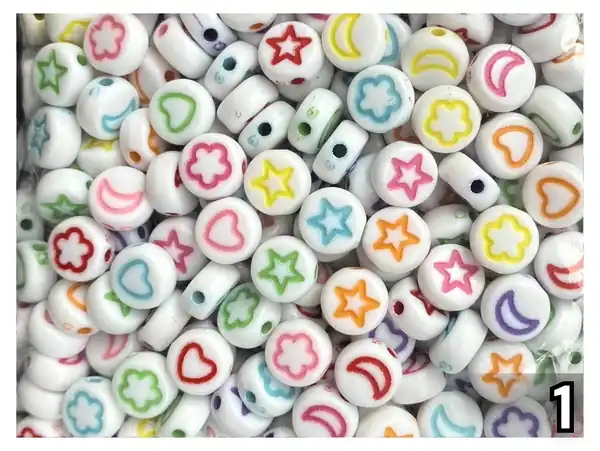 CUENTAS DE PLASTICO ESTRELLA/CORAZON/LUNA 7MM X 125GR